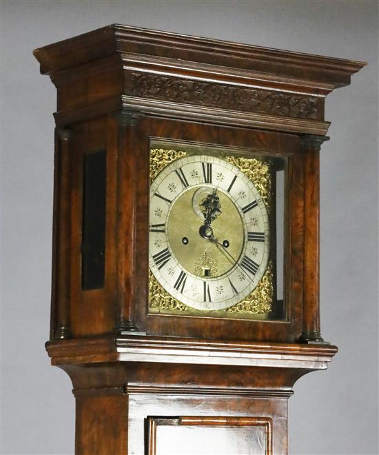 William Wilson of London. An early 18th century figured walnut eight day longcase clock, H.7ft